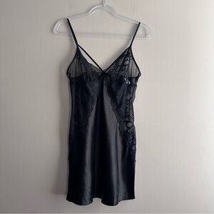 In Bloom by Jonquil Black Lace Satin Chemise Womens Medium Romantic Slip Dress